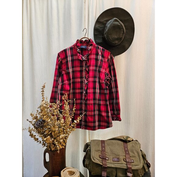 VIntage Chaps Denim Ruffled Red and Black Plaid Button Up Blouse Size XL - Picture 1 of 5